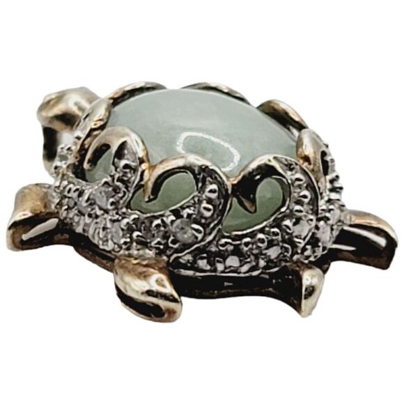 Sterling Silver 925 Vermeil Turtle Necklace Pendant Natural Jadeite and Diamonds - Picture 3 of 13